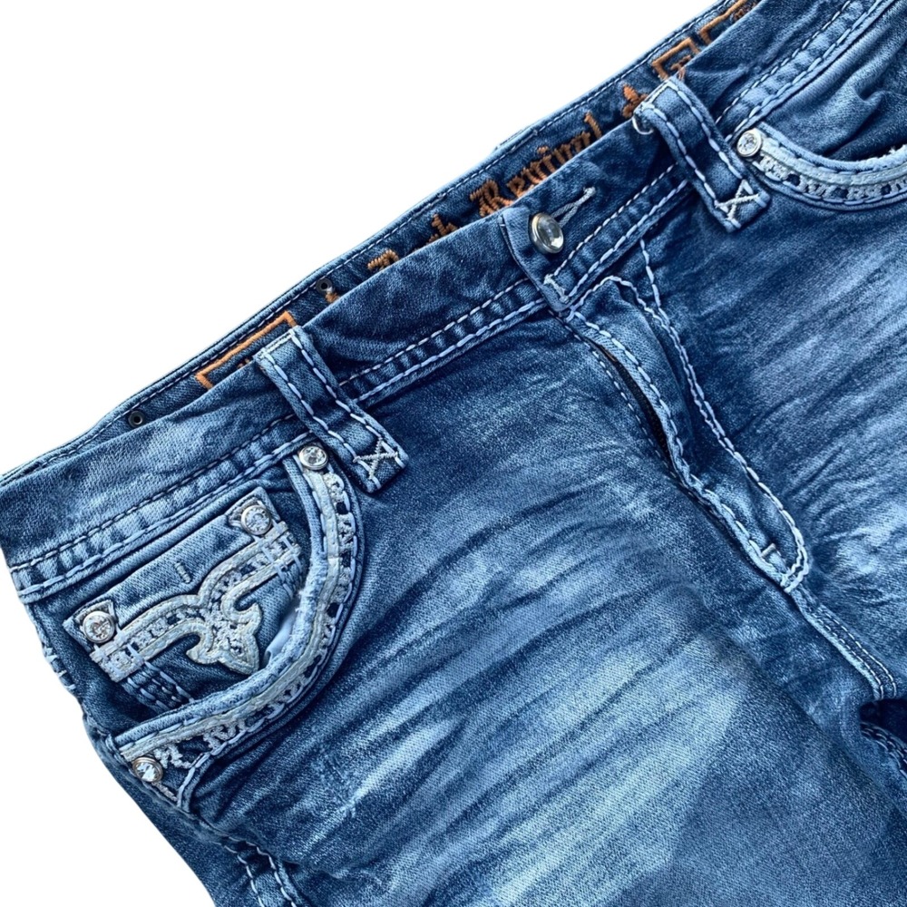 Rock Revival Yui Mid-Rise Bootcut Jeans 32 (measured 34) Distressed Blue Denim